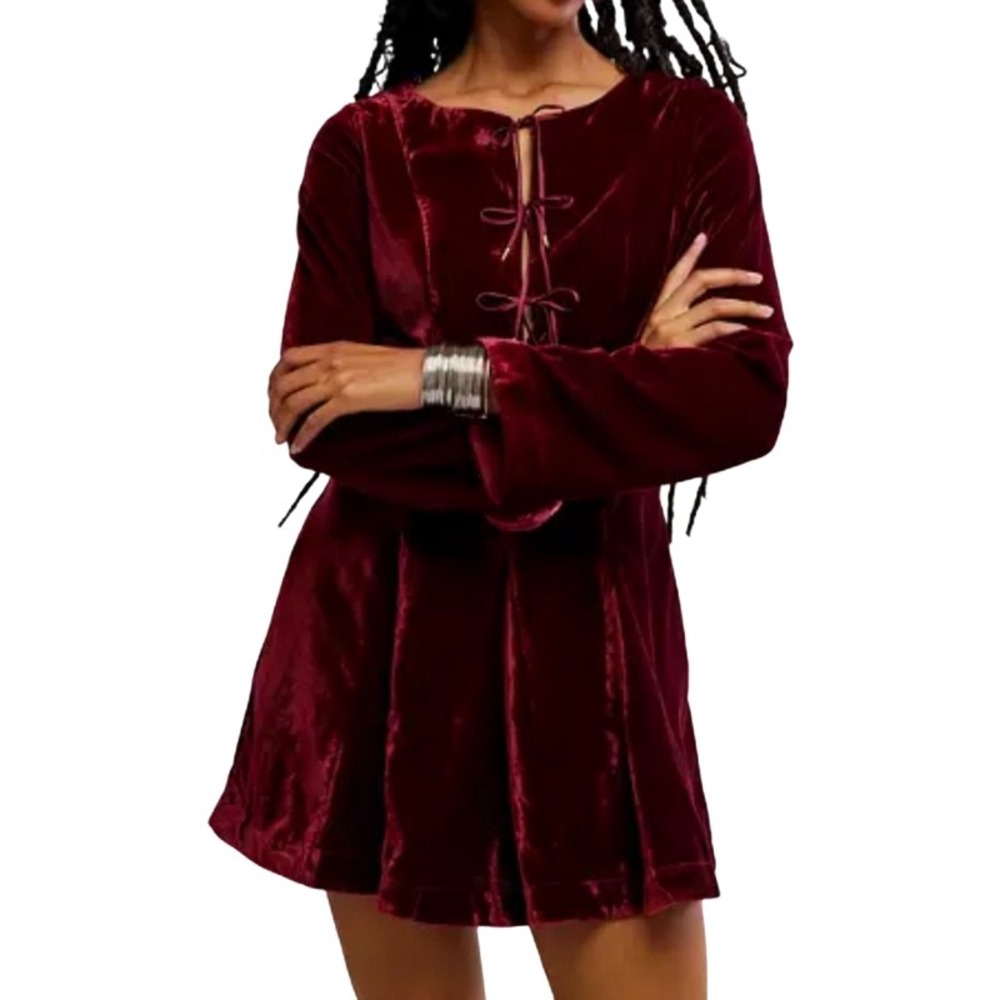 FREE PEOPLE NEW‎ 10 Linney Velvet Mini Dress Cabernet Red Lace Boho Renaissance